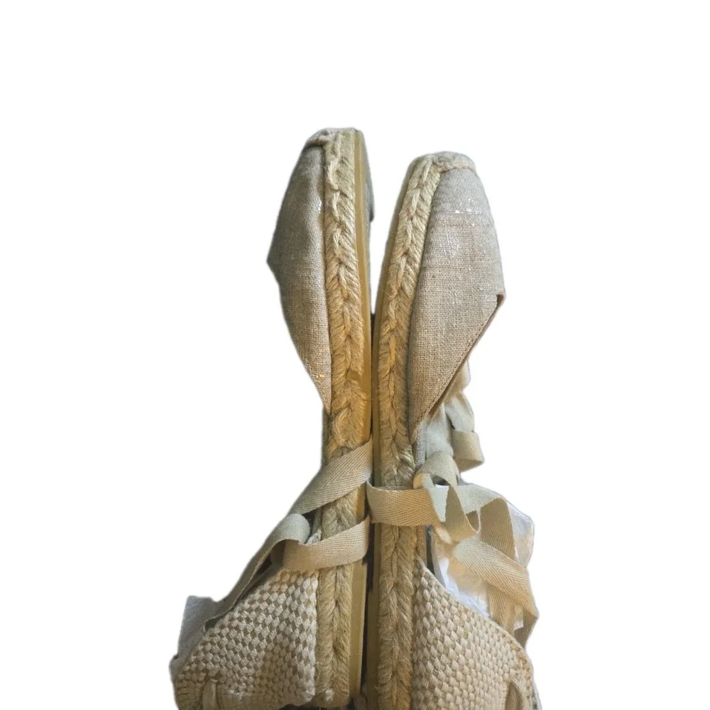 J.Crew Women's Lace-Up Espadrille‎ Flats Size 8 Beige Canvas Jute Summer Shoes